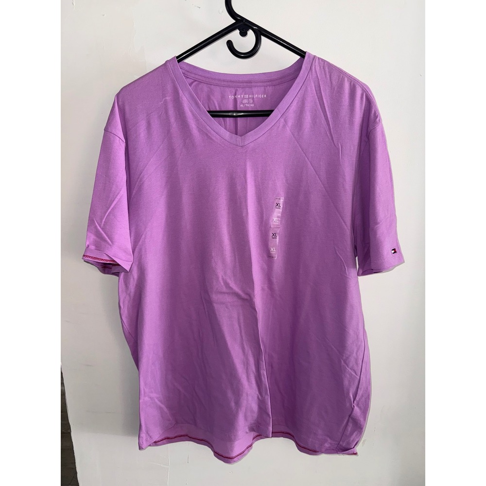 Tommy Hilfiger Mens V-Neck T-Shirt Purple Short Sleeve Flag Logo XL New